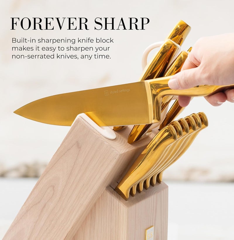 styled settings Gold Knife Set for Kitchen with Block and Sharpener – 14-Piece Razor Sharp Titanium Gold Knives with Ashwood Block and Built-In Sharpener – Stylish Kitchen Accessories for Cooking and Prep - Image 2